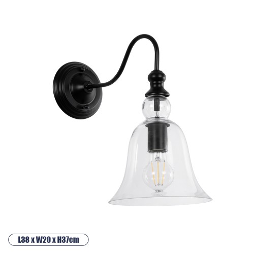GLOBOSTAR® LILLY 01064 Vintage Φωτιστικό Τοίχου - Απλίκα με Ντουί 1 x E27 AC 220-240V IP20 - Μαύρο & Διάφανο - Μ38 x Π20 x Υ37cm