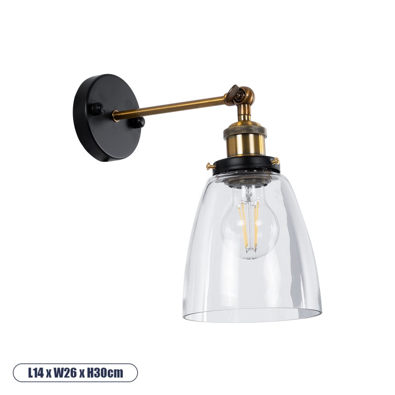 GLOBOSTAR® LYDIA 01071 Vintage Φωτιστικό Τοίχου - Απλίκα με Ντουί 1 x E27 AC 220-240V IP20 - Μαύρο & Χρυσό - Μ14 x Π26 x Υ30cm