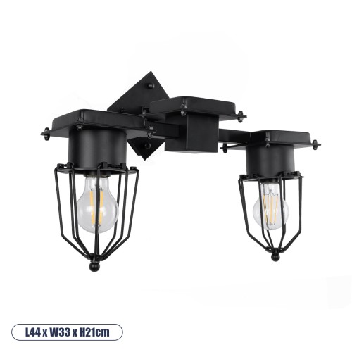 GLOBOSTAR® TORO 01079 Vintage Φωτιστικό Τοίχου - Απλίκα με Ντουί 2 x E27 AC 220-240V IP20 - Μαύρο - Μ44 x Π33 x Υ21cm