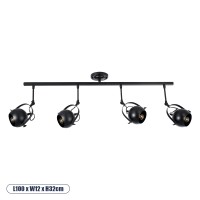 GLOBOSTAR® CANNES 01082 Μοντέρνο Φωτιστικό Οροφής με Ντουί 4 x E27 AC 220-240V IP20 - Μαύρο - Μ108 x Π12 x Υ48cm