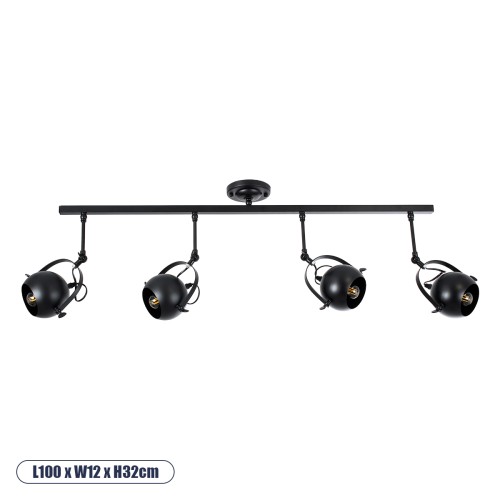 GLOBOSTAR® CANNES 01082 Μοντέρνο Φωτιστικό Οροφής με Ντουί 4 x E27 AC 220-240V IP20 - Μαύρο - Μ108 x Π12 x Υ48cm