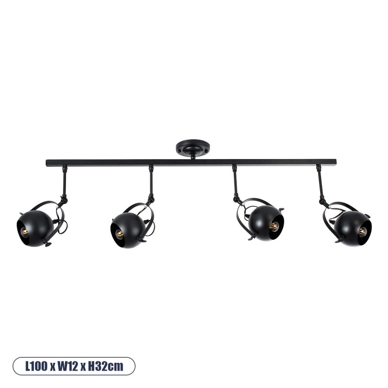 GLOBOSTAR® CANNES 01082 Μοντέρνο Φωτιστικό Οροφής με Ντουί 4 x E27 AC 220-240V IP20 - Μαύρο - Μ108 x Π12 x Υ48cm