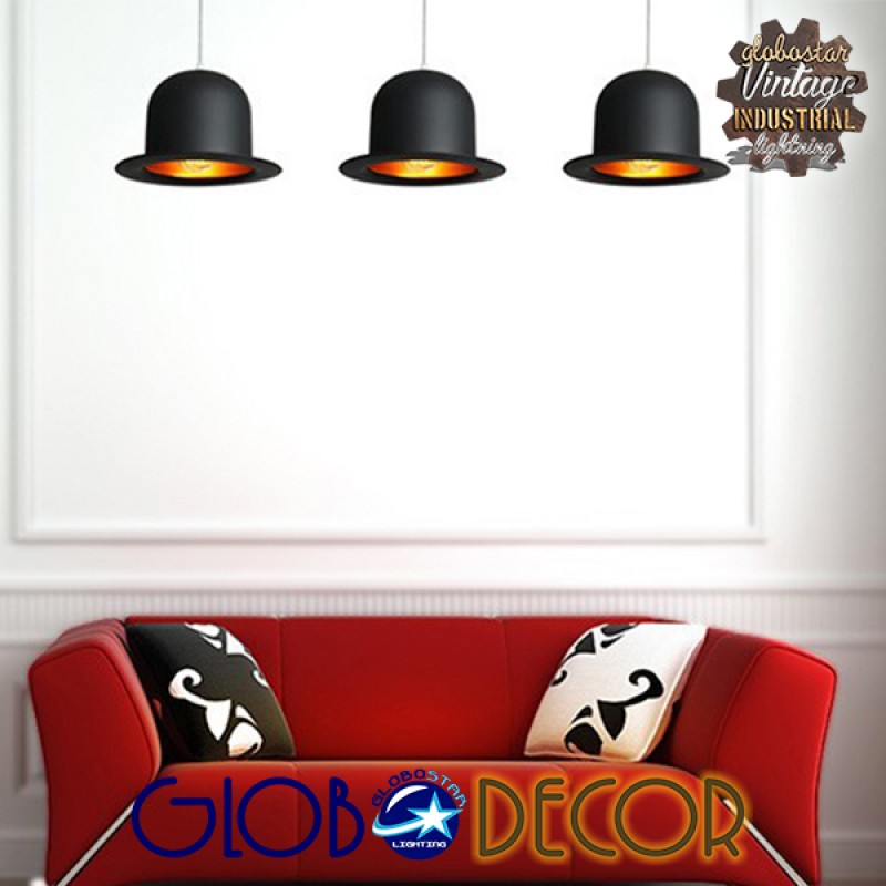 GLOBOSTAR® CHARLO 01214 Vintage Κρεμαστό Φωτιστικό Οροφής με Ντουί 1 x E27 AC 220-240V IP20 - Μαύρο & Χρυσό - Μ26 x Π26 x Υ16cm