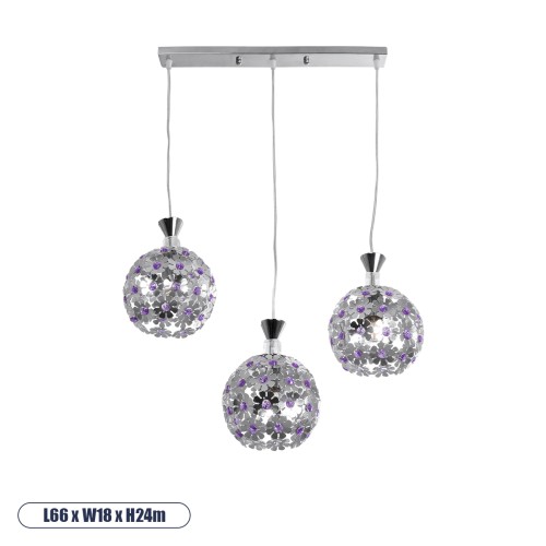 GLOBOSTAR® BOUQUET 01249 Μοντέρνο Κρεμαστό Φωτιστικό Οροφής με Ντουί 3 x E27 AC 220-240V IP20 - Ασημί & Μωβ - Μ66 x Π18 x Υ24cm