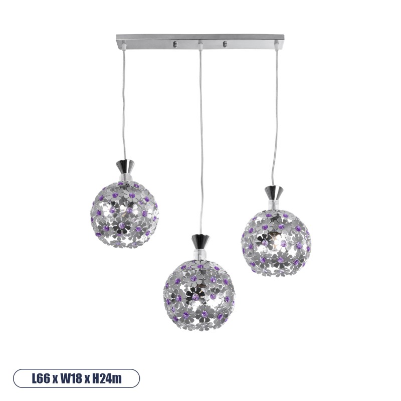GLOBOSTAR® BOUQUET 01249 Μοντέρνο Κρεμαστό Φωτιστικό Οροφής με Ντουί 3 x E27 AC 220-240V IP20 - Ασημί & Μωβ - Μ66 x Π18 x Υ24cm