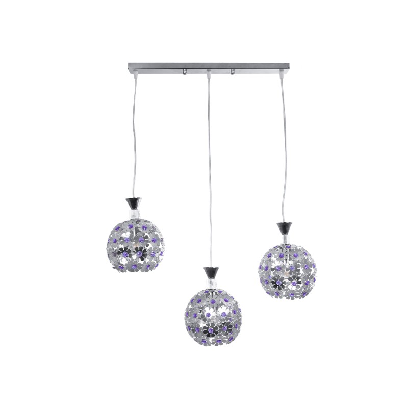 GLOBOSTAR® BOUQUET 01249 Μοντέρνο Κρεμαστό Φωτιστικό Οροφής με Ντουί 3 x E27 AC 220-240V IP20 - Ασημί & Μωβ - Μ66 x Π18 x Υ24cm