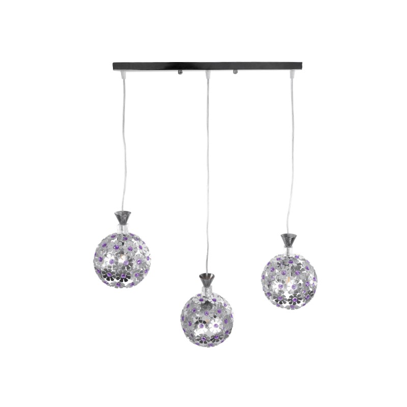 GLOBOSTAR® BOUQUET 01249 Μοντέρνο Κρεμαστό Φωτιστικό Οροφής με Ντουί 3 x E27 AC 220-240V IP20 - Ασημί & Μωβ - Μ66 x Π18 x Υ24cm