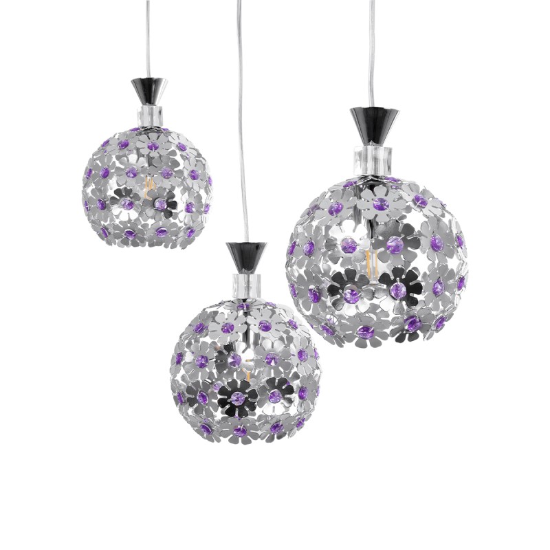 GLOBOSTAR® BOUQUET 01249 Μοντέρνο Κρεμαστό Φωτιστικό Οροφής με Ντουί 3 x E27 AC 220-240V IP20 - Ασημί & Μωβ - Μ66 x Π18 x Υ24cm
