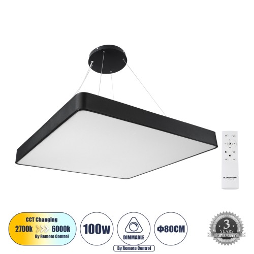 GLOBOSTAR® KAMALA 61210-P Μοντέρνο Κρεμαστό Φωτιστικό Οροφής LED 100W 10000lm 120° AC 220-240V IP20 Ρυθμιζόμενο Λευκό CCT με Χειριστήριο από 2700K έως 6000K Dimmable - Lumileds SMD Chip - Μαύρο Ματ - Μ80 x Π80 x Υ8cm - 3 Χρόνια Εγγύηση