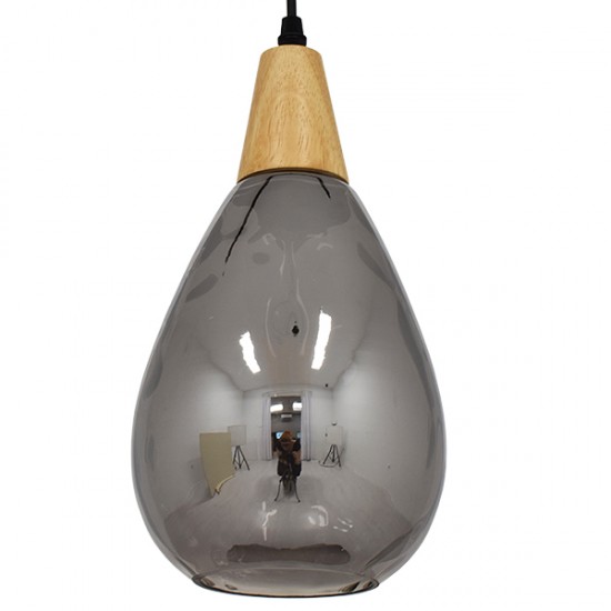GloboStar® NOAH 01489 Μοντέρνο Κρεμαστό Φωτιστικό Οροφής Μονόφωτο Γυάλινο με Ξύλο Μαύρο Φιμέ Νίκελ Φ16 x Υ30cm