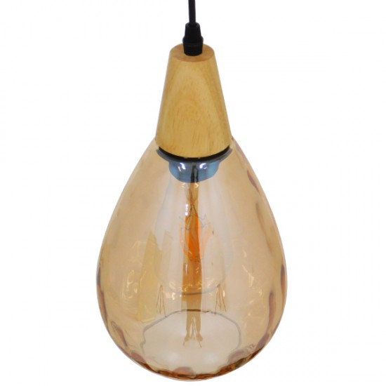 GloboStar® NOAH 01490 Μοντέρνο Κρεμαστό Φωτιστικό Οροφής Μονόφωτο Γυάλινο με Ξύλο Μελί Φ16 x Υ30cm