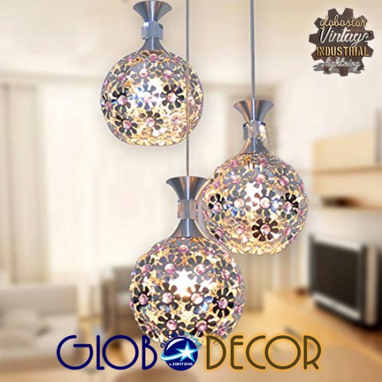 GloboStar® ILLUME 01249 Μοντέρνο Κρεμαστό Φωτιστικό Οροφής Τρίφωτο Ασημί Μεταλλικό με Κρύσταλλα Μ64 x Π18 x Υ24cm