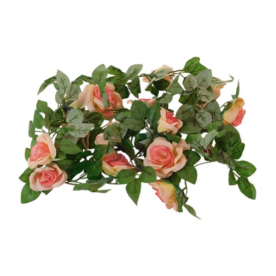 GloboStar® 09006 Τεχνητό Κρεμαστό Φυτό Διακοσμητική Γιρλάντα Μήκους 2 μέτρων με 16 X Μεγάλα Τριαντάφυλλα Ροζ Σομόν