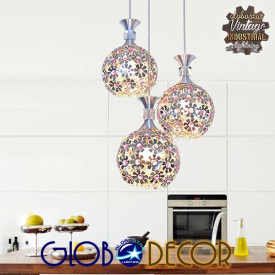 GloboStar® ILLUME 01249 Μοντέρνο Κρεμαστό Φωτιστικό Οροφής Τρίφωτο Ασημί Μεταλλικό με Κρύσταλλα Μ64 x Π18 x Υ24cm