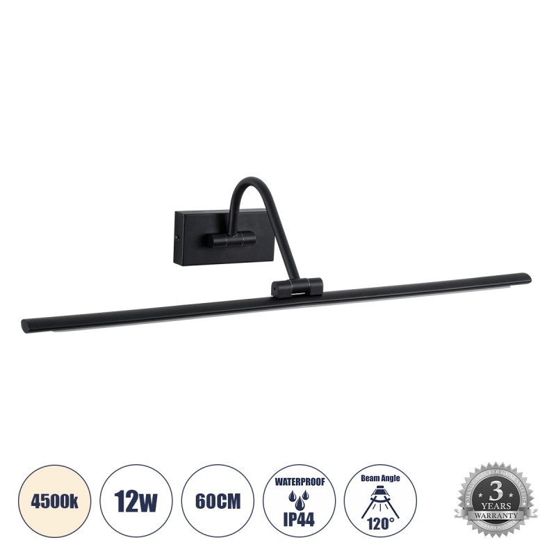 GLOBOSTAR® MIRA 60432 Μοντέρνο Φωτιστικό Τοίχου - Απλίκα Καθρέπτη Μπάνιου LED 12W 1400lm 120° AC 220-240V IP44 Φυσικό Λευκό 4500K - Lumileds SMD Chip & TÜV SÜD Driver - Μαύρο Ματ - Μ60 x Π20 x Υ13cm - 3 Χρόνια Εγγύηση