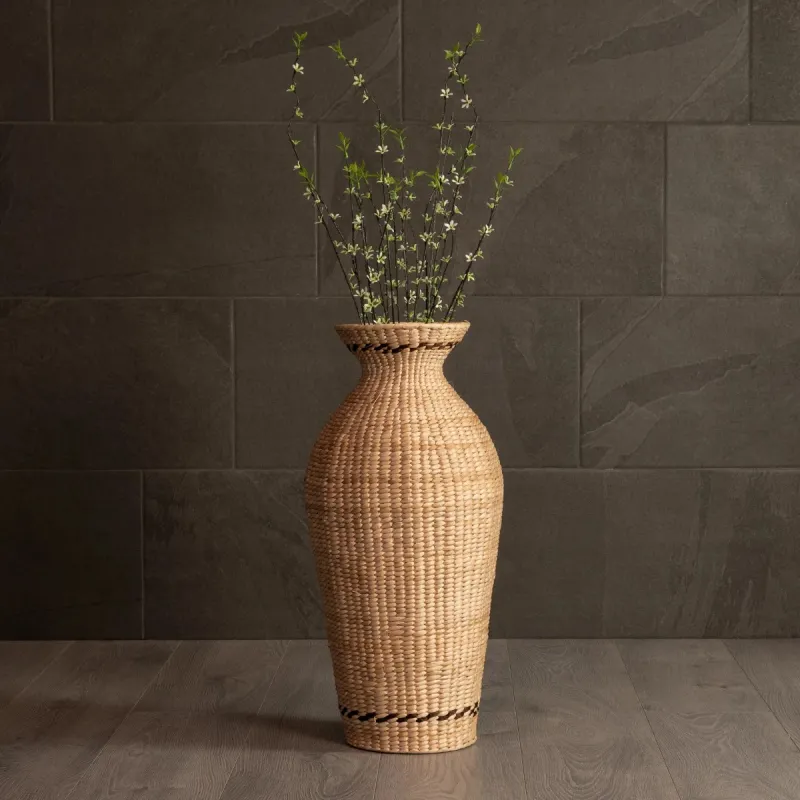 GloboStar® Artificial Garden MONTPELLIER 21237 Διακοσμητικό Πλεκτό Καλάθι - Κασπώ Γλάστρα - Flower Pot Μπεζ με Καφέ Π28 x M28 x Υ60cm