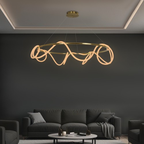 kelvo® GLOW KLV-101-0165 Κρεμαστό Φωτιστικό Οροφής LED 100W 10000lm 360° AC 220-240V IP20 Ρυθμιζόμενο Λευκό CCT με Χειριστήριο από 2700K έως 6000K Dimmable - Lumileds SMD Chip - Χρυσό Πλατίνα - Μ150 x Π150 x Υ100cm - 3 Χρόνια Εγγύηση