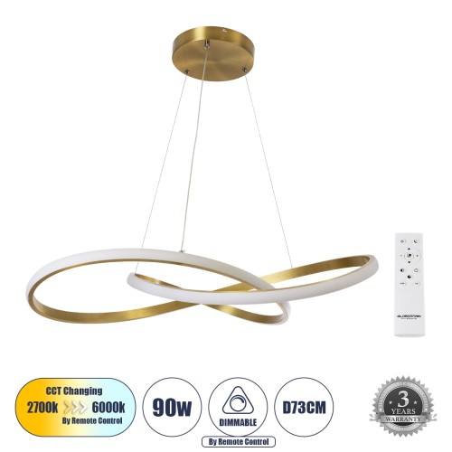 GLOBOSTAR® DEXTER 60916 Μοντέρνο Κρεμαστό Φωτιστικό Οροφής LED 90W 10080lm 300° AC 220-240V IP20 Ρυθμιζόμενο Λευκό CCT με Χειριστήριο από 2700K έως 6000K Dimmable - Lumileds SMD Chip - Σατινέ Χρυσό Βούρτσας - Μ73 x Π73 x Υ16cm - 3 Χρόνια Εγγύηση