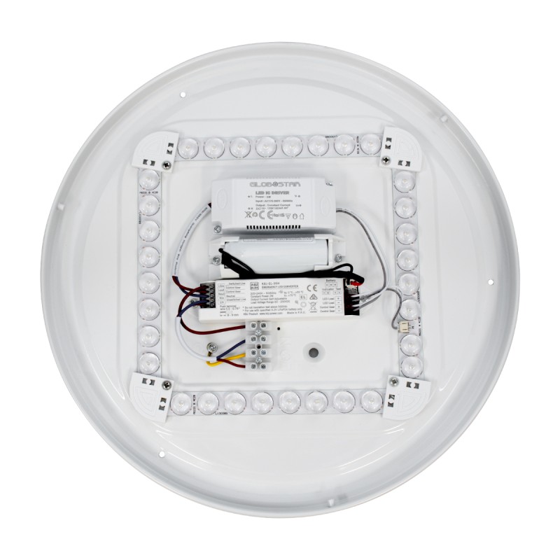 GLOBOSTAR® EMERGANO 60992 Φωτιστικό Πλαφονιέρα Οροφής με Ενσωματωμένο Σύστημα Emergency Li-ion 3450mAh/12.8Wh με Αυτονομία 3hrs LED 30W 3900lm 120° AC 220-240V Αδιάβροχο IP54 Ψυχρό Λευκό 6000K - Lumileds SMD Chip - Λευκό Γαλακτερό - Μ38 x Π38 x Υ5.3cm - 3