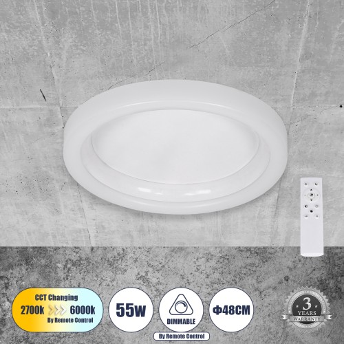 GLOBOSTAR® ARIANA 61035 Μοντέρνο Φωτιστικό Οροφής LED 55W 6376lm 120° AC 220-240V IP20 Ρυθμιζόμενο Λευκό CCT με Χειριστήριο από 2700K έως 6000K Dimmable - Lumileds SMD Chip - Λευκό Ματ - Μ48 x Π48 x Υ9cm - 3 Χρόνια Εγγύηση