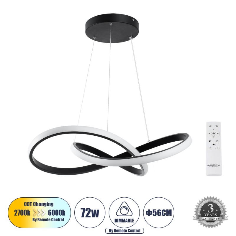 GLOBOSTAR® DEXTER 61049 Μοντέρνο Κρεμαστό Φωτιστικό Οροφής LED 72W 8064lm 300° AC 220-240V IP20 Ρυθμιζόμενο Λευκό CCT με Χειριστήριο από 2700K έως 6000K Dimmable - Lumileds SMD Chip - Μαύρο Ματ - Μ56 x Π56 x Υ14cm - 3 Χρόνια Εγγύηση