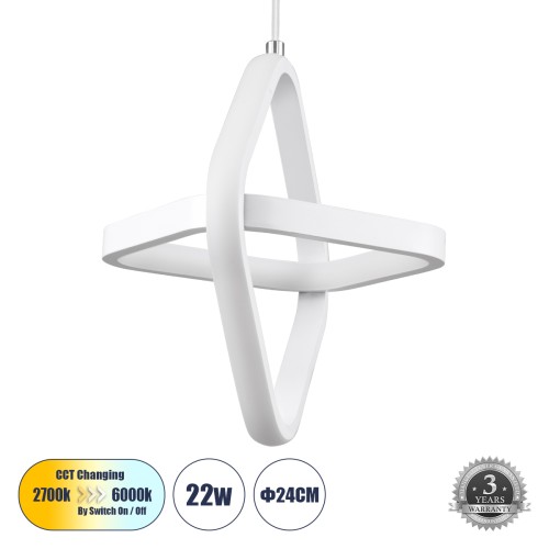 GLOBOSTAR® ROSE 61065 Μοντέρνο Κρεμαστό Φωτιστικό Οροφής LED 22W 2640lm 300° AC 220-240V IP20 Ρυθμιζόμενο Λευκό CCT με On/Off 2700K/4500K/6000K - Lumileds SMD Chip - Λευκό Ματ - Μ24 x Π22 x Υ24cm - 3 Χρόνια Εγγύηση