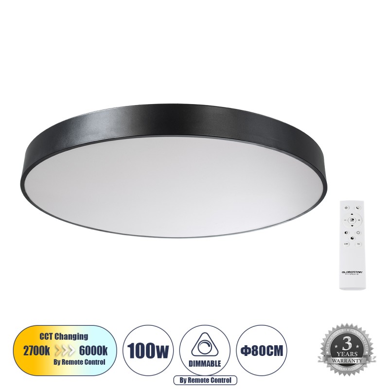 GLOBOSTAR® BURTON 61204-S Μοντέρνο Φωτιστικό Οροφής LED 100W 10000lm 120° AC 220-240V IP20 Ρυθμιζόμενο Λευκό CCT με Χειριστήριο από 2700K έως 6000K Dimmable - Lumileds SMD Chip - Μαύρο Ματ - Μ80 x Π80 x Υ8cm - 3 Χρόνια Εγγύηση