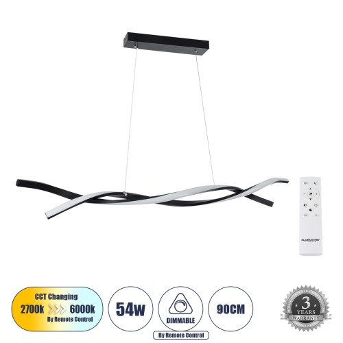 GLOBOSTAR® MORALES 61275 Μοντέρνο Κρεμαστό Φωτιστικό Οροφής LED 54W 5400lm 300° AC 220-240V IP20 Ρυθμιζόμενο Λευκό CCT με Χειριστήριο από 2700K έως 6000K Dimmable - Lumileds SMD Chip - Μαύρο Ματ - Μ90 x Π14 x Υ14cm - 3 Χρόνια Εγγύηση