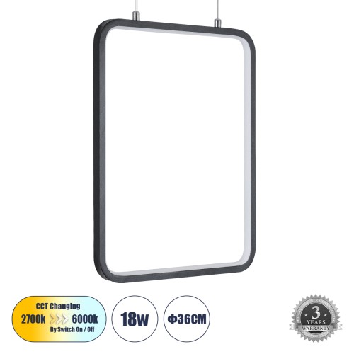 GLOBOSTAR® NEROBA 61302 Μοντέρνο Κρεμαστό Φωτιστικό Οροφής LED 18W 1980lm 360° AC 220-240V IP20 Ρυθμιζόμενο Λευκό CCT με On/Off 2700K/4500K/6000K - Lumileds SMD Chip - Μαύρο Ματ - Μ29 x Π2 x Υ36cm - 3 Χρόνια Εγγύηση