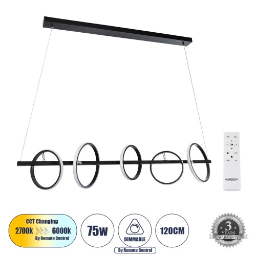 GLOBOSTAR® CIRCOLARE 61319 Μοντέρνο Κρεμαστό Φωτιστικό Οροφής LED 75W 7500lm 360° AC 220-240V IP20 Ρυθμιζόμενο Λευκό CCT με Χειριστήριο από 2700K έως 6000K Dimmable - Lumileds SMD Chip - Μαύρο Ματ - Μ120 x Π25 x Υ25cm - 3 Χρόνια Εγγύηση