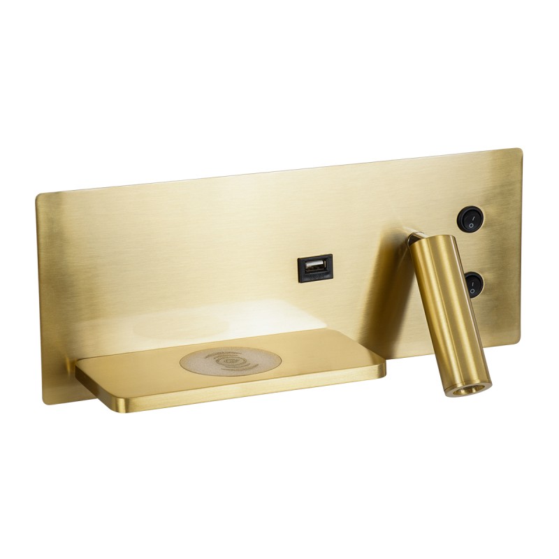GLOBOSTAR® PALADIN 61357 Μοντέρνο Φωτιστικό Τοίχου - Απλίκα Ξενοδοχείου Reading Light με Φορτιστή USB 3A & Wireless 20W LED 6W 720lm 36° & 360° AC 220-240V IP20 Φυσικό Λευκό 4500K - Bridgelux COB Chip & TÜV SÜD Driver - Χρυσό Βούρτσας - Μ30 x