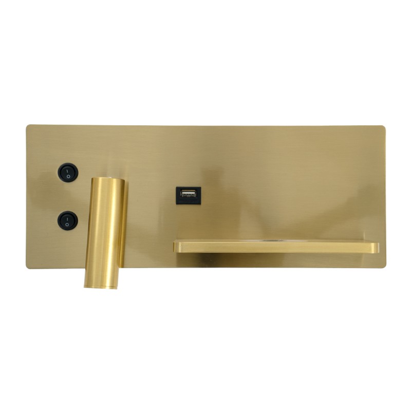GLOBOSTAR® PALADIN 61358 Μοντέρνο Φωτιστικό Τοίχου - Απλίκα Ξενοδοχείου Reading Light με Φορτιστή USB 3A & Wireless 20W LED 6W 720lm 36° & 360° AC 220-240V IP20 Φυσικό Λευκό 4500K - Bridgelux COB Chip & TÜV SÜD Driver - Χρυσό Βούρτσας - Μ30 x