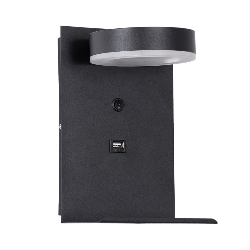 GLOBOSTAR® CROWN 61370 Μοντέρνο Φωτιστικό Τοίχου - Απλίκα Ξενοδοχείου Reading Light με Φορτιστή USB 3A LED 5W 550lm 120° AC 220-240V IP20 Φυσικό Λευκό 4500K - Bridgelux COB Chip & TÜV SÜD Driver - Μαύρο Ματ - Μ15 x Π15 x Υ23cm - 3 Χρόνια Εγγύηση