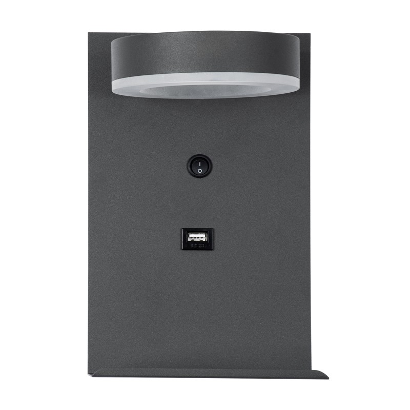 GLOBOSTAR® CROWN 61372 Μοντέρνο Φωτιστικό Τοίχου - Απλίκα Ξενοδοχείου Reading Light με Φορτιστή USB 3A LED 5W 550lm 120° AC 220-240V IP20 Φυσικό Λευκό 4500K - Bridgelux COB Chip & TÜV SÜD Driver - Γκρι Ανθρακί Ματ - Μ15 x Π15 x Υ23cm - 3 Χρόνια Εγγύησ