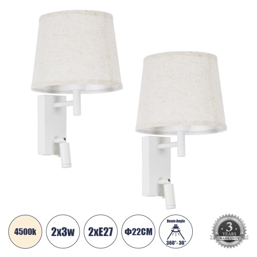 GLOBOSTAR® ROULETTE-R 61380 Μοντέρνο Φωτιστικό Τοίχου - Απλίκα Ξενοδοχείου Reading Light με Φορτιστή USB 3A & Ντουί 1 x E27 LED 3W 360lm 36° & 360° AC 220-240V IP20 Φυσικό Λευκό 4500K - Bridgelux COB Chip & TÜV SÜD Driver - Λευκό Ματ & Μπε