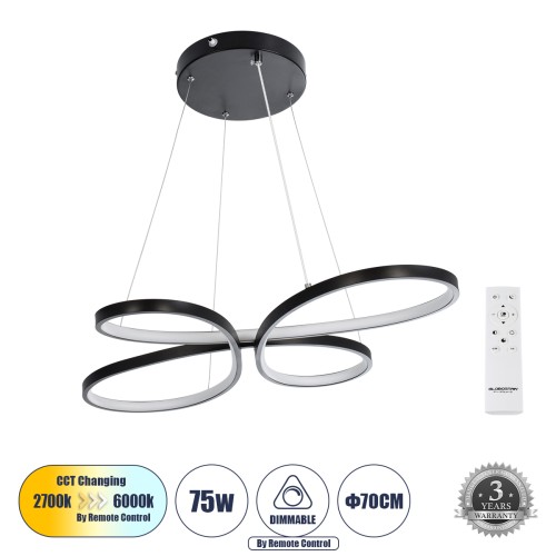 GLOBOSTAR® BUTTERFLY 61391 Μοντέρνο Κρεμαστό Φωτιστικό Οροφής LED 75W 7500lm 300° AC 220-240V IP20 Ρυθμιζόμενο Λευκό CCT με Χειριστήριο από 2700K έως 6000K Dimmable - Lumileds SMD Chip - Μαύρο Ματ - Μ70 x Π55 x Υ4cm - 3 Χρόνια Εγγύηση