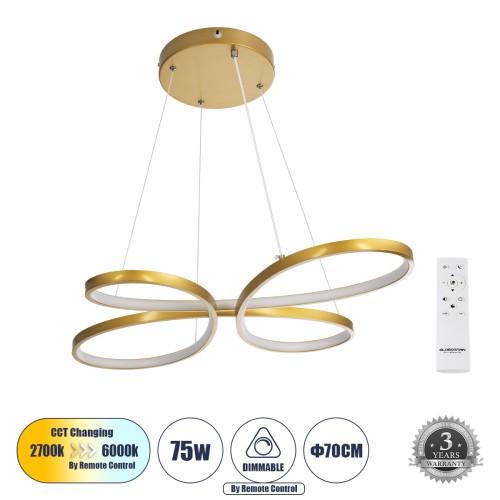 GLOBOSTAR® BUTTERFLY 61393 Μοντέρνο Κρεμαστό Φωτιστικό Οροφής LED 75W 7500lm 300° AC 220-240V IP20 Ρυθμιζόμενο Λευκό CCT με Χειριστήριο από 2700K έως 6000K Dimmable - Lumileds SMD Chip - Χρυσό Βούρτσας - Μ70 x Π55 x Υ4cm - 3 Χρόνια Εγγύηση