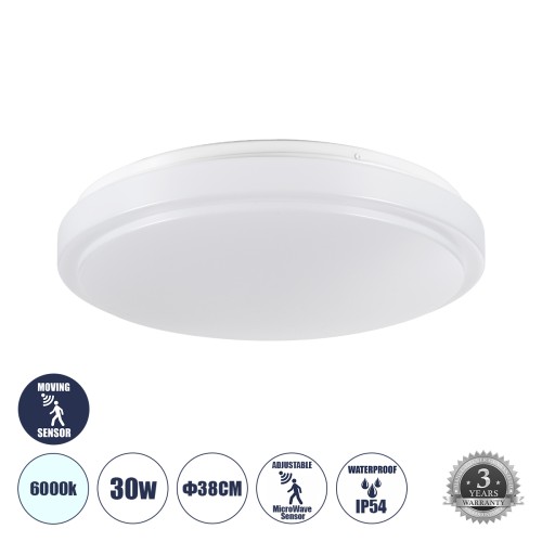 GLOBOSTAR® SENSORANO 60994 Μοντέρνο Φωτιστικό Οροφής με Ανιχνευτή Microwave / Αισθητήρα Κίνησης LED 30W 3900lm 120° AC 220-240V Αδιάβροχο IP54 Ψυχρό Λευκό 6000K - Lumileds SMD Chip - Λευκό Γαλακτερό - Μ38 x Π38 x Υ5.3cm - 3 Χρόνια Εγγύηση