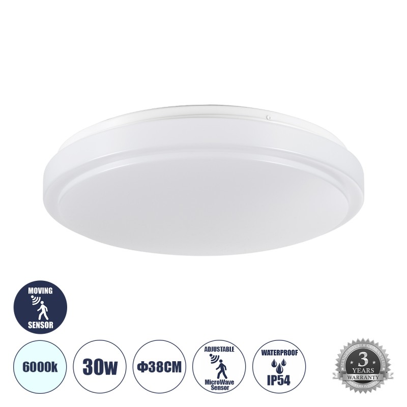 GLOBOSTAR® SENSORANO 60994 Φωτιστικό Πλαφονιέρα Οροφής με Ανιχνευτή Microwave / Αισθητήρα Κίνησης LED 30W 3900lm 120° AC 220-240V Αδιάβροχο IP54 Ψυχρό Λευκό 6000K - Lumileds SMD Chip - Λευκό Γαλακτερό - Μ38 x Π38 x Υ5.3cm - 3 Χρόνια Εγγύηση