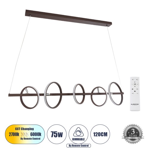 GLOBOSTAR® CIRCOLARE 61321 Μοντέρνο Κρεμαστό Φωτιστικό Οροφής LED 75W 8400lm 360° AC 220-240V IP20 Ρυθμιζόμενο Λευκό CCT με Χειριστήριο από 2700K έως 6000K Dimmable - Lumileds SMD Chip - Καφέ - Μ120 x Π25 x Υ25cm - 3 Χρόνια Εγγύηση
