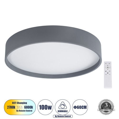 GLOBOSTAR® NARNIA 61260 Μοντέρνο Φωτιστικό Οροφής LED 100W 11500lm 120° AC 220-240V IP20 Ρυθμιζόμενο Λευκό CCT με Χειριστήριο από 2700K έως 6000K Dimmable - Lumileds SMD Chip - Γκρι Ματ - Μ60 x Π60 x Υ10cm - 3 Χρόνια Εγγύηση