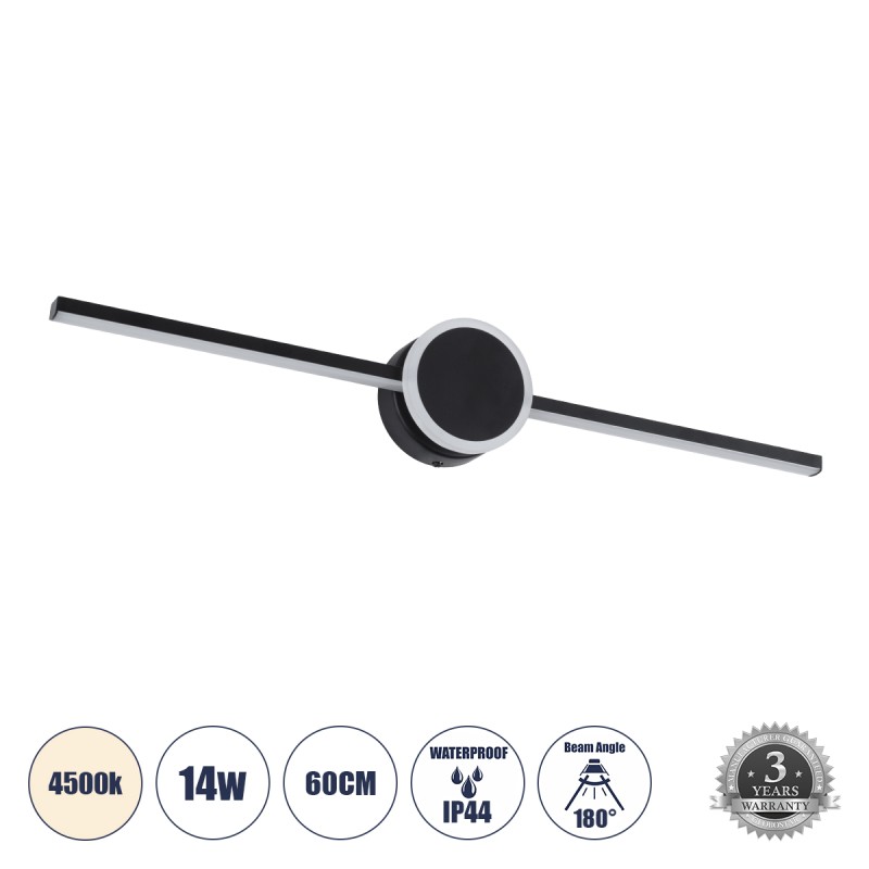 GLOBOSTAR® OPAL 60454 Μοντέρνο Φωτιστικό Τοίχου - Απλίκα Καθρέπτη Μπάνιου LED 14W 1600lm 180° AC 220-240V IP44 Φυσικό Λευκό 4500K - Lumileds SMD Chip & TÜV SÜD Driver - Μαύρο Ματ - Μ60 x Π6 x Υ10cm - 3 Χρόνια Εγγύηση