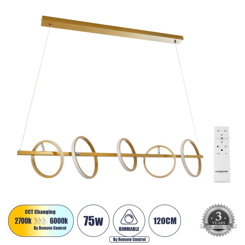 GLOBOSTAR® CIRCOLARE 61322 Μοντέρνο Κρεμαστό Φωτιστικό Οροφής LED 75W 8400lm 360° AC 220-240V IP20 Ρυθμιζόμενο Λευκό CCT με Χειριστήριο από 2700K έως 6000K Dimmable - Lumileds SMD Chip - Χρυσό - Μ120 x Π25 x Υ25cm - 3 Χρόνια Εγγύηση