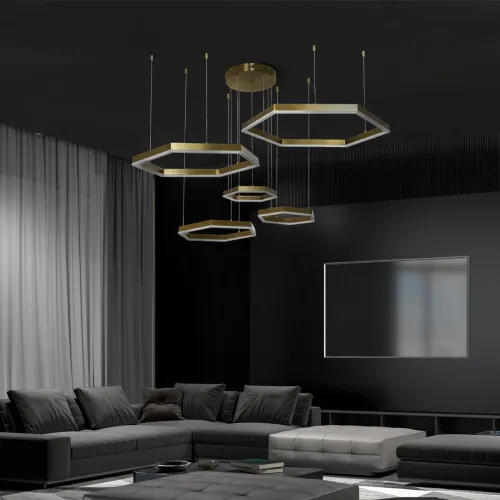 kelvo® LEXAGON KLV-101-0180 Κρεμαστό Φωτιστικό Οροφής LED 120W 12000lm 200° AC 220-240V IP20 Ρυθμιζόμενο Λευκό CCT με Χειριστήριο από 2700K έως 6000K Dimmable - Lumileds SMD Chip - Χρυσό Πλατίνα - Μ110 x Π90 x Υ110cm - 3 Χρόνια Εγγύηση
