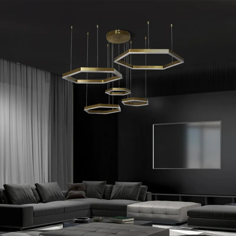 kelvo® LEXAGON KLV-101-0180 Κρεμαστό Φωτιστικό Οροφής LED 120W 12000lm 200° AC 220-240V IP20 Ρυθμιζόμενο Λευκό CCT με Χειριστήριο από 2700K έως 6000K Dimmable - Lumileds SMD Chip - Χρυσό Πλατίνα - Μ110 x Π90 x Υ110cm - 3 Χρόνια Εγγύηση
