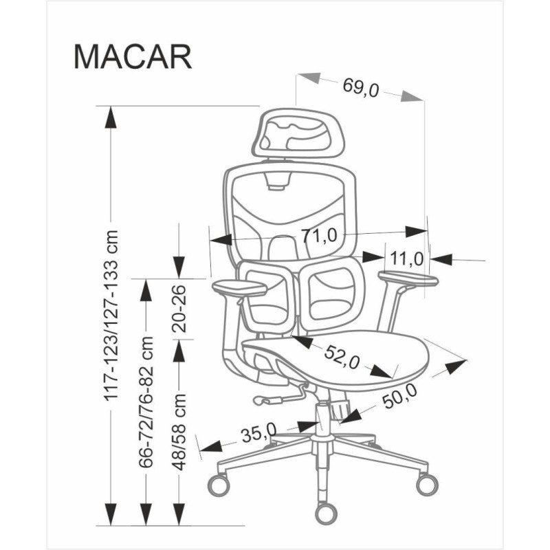 MACAR Καρέκλα γραφείου με μηχανισμό TILT σε μαύρο 71x69x127cm