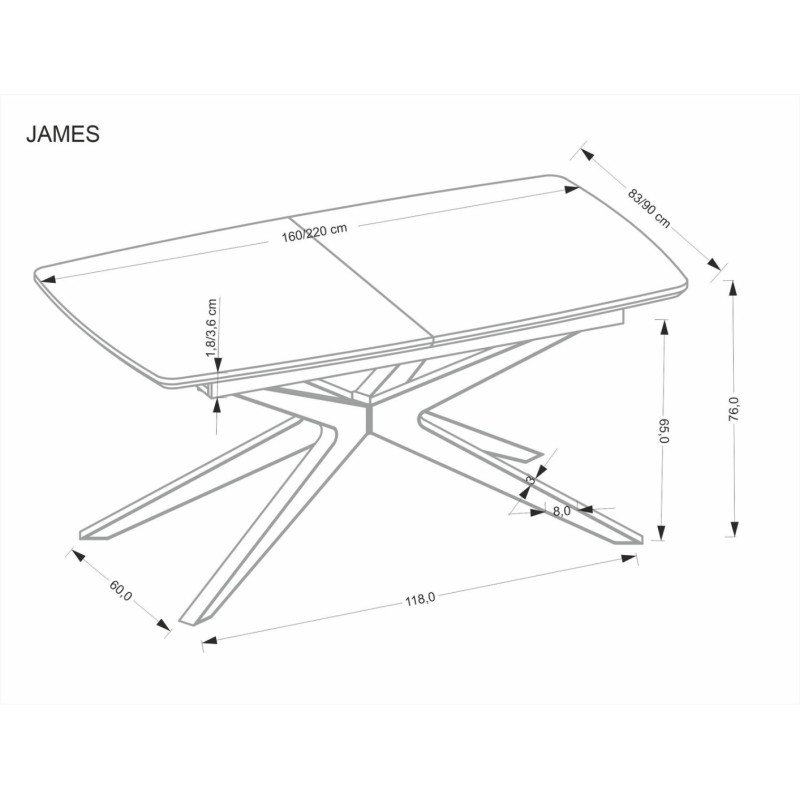 JAMES Τραπέζι τραπεζαρίας επεκτεινόμενο σε φυσικό 160-220x90x76cm