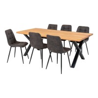 ΣΕΤ Τραπέζι τραπεζαρίας με έξι καρέκλες από ξύλο και μέταλλο σε φυσικό/γκρι