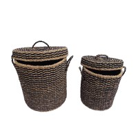 DAMAN ΚΑΛΑΘΙ ΜΕ ΚΑΠΑΚΙ SET 2ΤΜΧ 44x44x45cm SEAGRASS ΦΥΣΙΚΟ ΜΑΥΡΟ