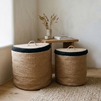 GOLU ΚΑΛΑΘΙ ΜΕ ΚΑΠΑΚΙ SET 2ΤΜΧ 40x40x40cm SEAGRASS ΦΥΣΙΚΟ ΜΑΥΡΟ